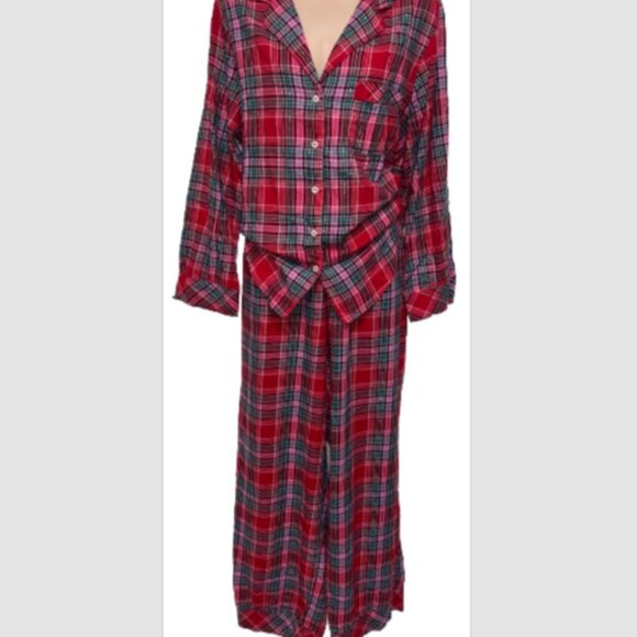 Victoria's Secret Red Pink Green Plaid Gold Thread Pajama SET Size M Lounge EUC - Picture 2 of 10